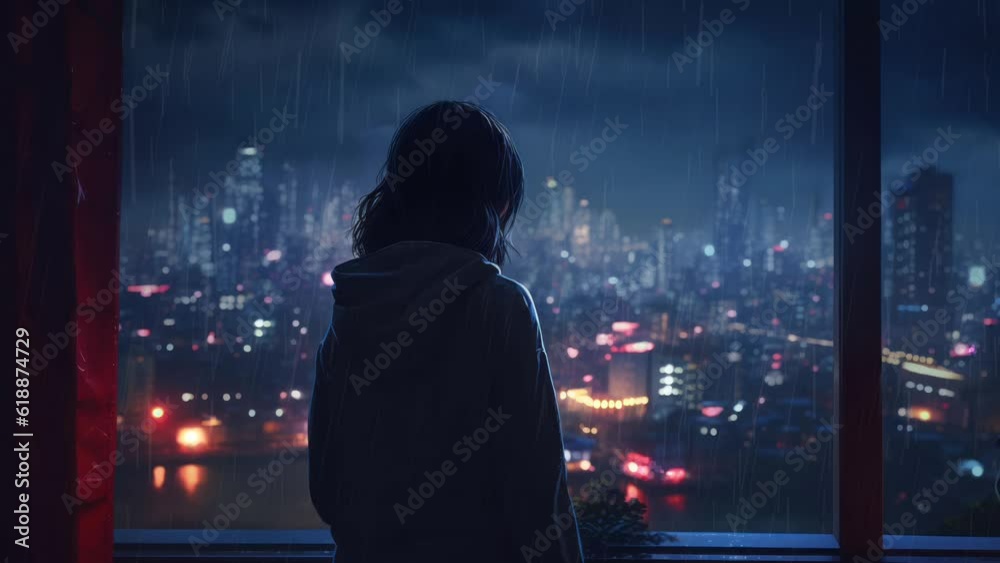 Lo-fi girl alone on her balcony at night looking at the storm and the rain outside. Video for lofi hip hop music. Atmospheric chill illustration and relaxed. Perfectly looped video. Sad rainy night.