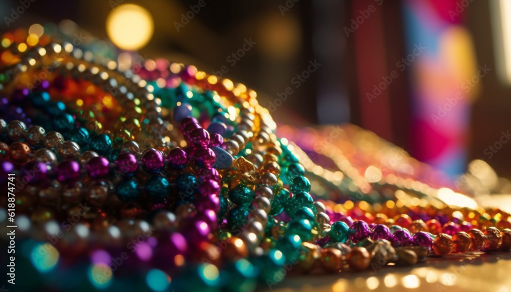 Vibrant colors illuminate large group of beaded necklaces generated by AI Vibrant colors illuminate large group of beaded necklaces generated by AI