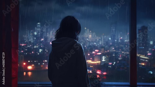 Lo-fi girl alone on her balcony at night looking at the storm and the rain outside. Video for lofi hip hop music. Atmospheric chill illustration and relaxed. Perfectly looped video. Sad rainy night.