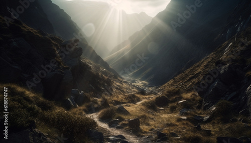 Mountain peak, cliff, and sun create beauty generated by AI