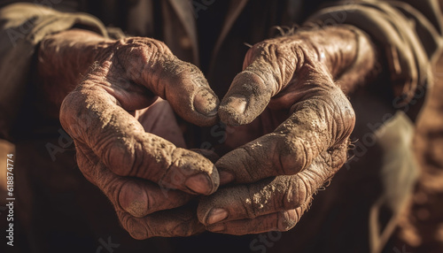 Wrinkled hand of senior man holding muddy soil generated by AI