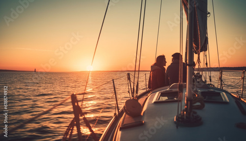 Sailing yacht at sunset, a romantic adventure generated by AI