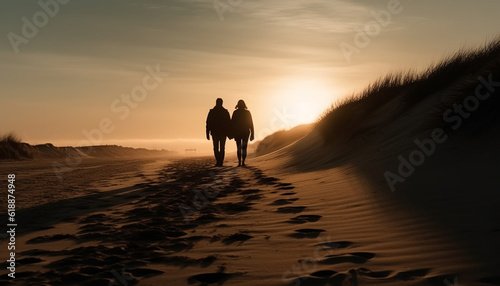 Silhouette couple walking on sand dune together generated by AI photo