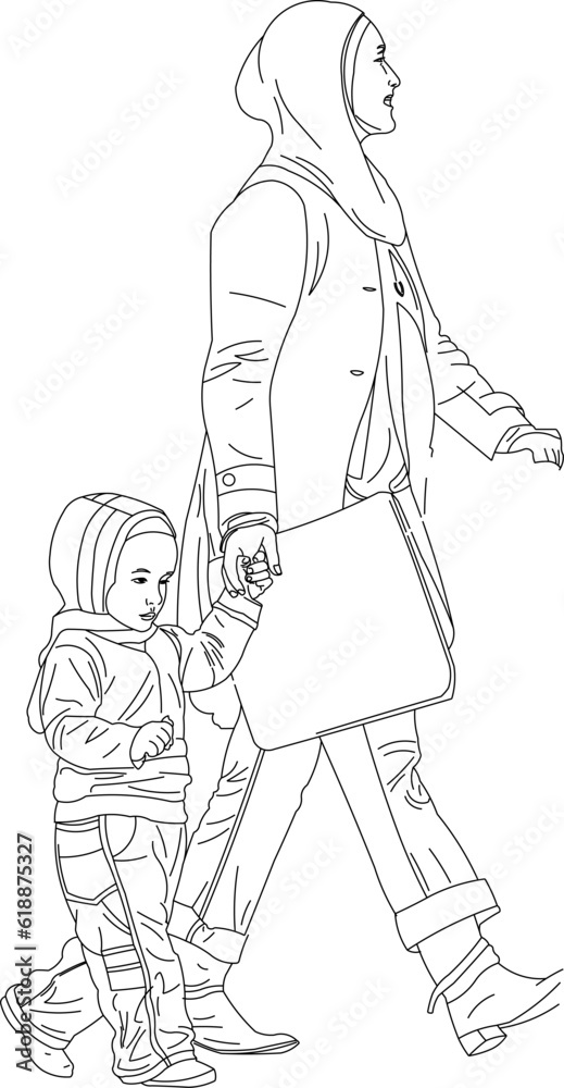 Detailed vector sketch illustration of a mother holding a small child