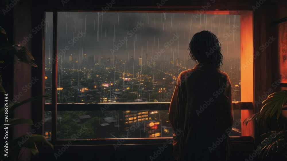 Sad anime girl looking from the window. City night rain. Lofi music video. Chill vibes of a woman on her balcony. Rainy night. Relaxing lo-fi hip hop mood. Animated wallpaper screen. Sad depression.