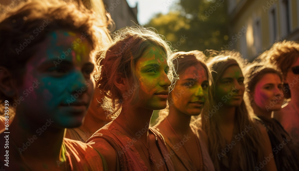 Obraz premium Young adults enjoy colorful festival with friends generated by AI