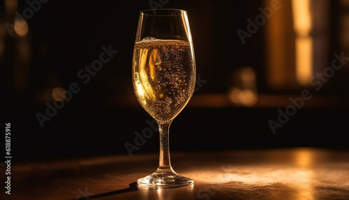 Luxury champagne flute reflects elegant celebration night generated by AI