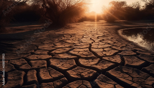 Dry heat, eroded landscape, broken tree ruins generated by AI