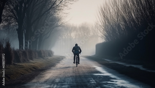 Silhouette cycling through foggy mountain landscape alone generated by AI