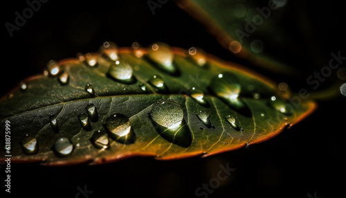 Vibrant leaf vein reflects wet autumn dew drops generated by AI