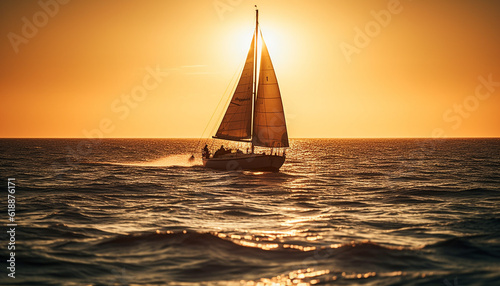 Sailing yacht at sunset, crew enjoying leisure generated by AI