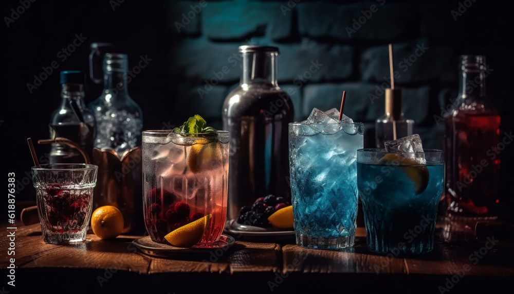 Fresh fruit cocktail on wooden table at night generated by AI Fresh fruit cocktail on wooden table at night generated by AI