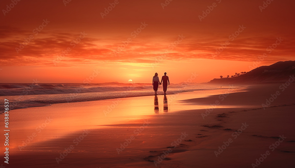 Sunset romance: two people embrace on beach generated by AI