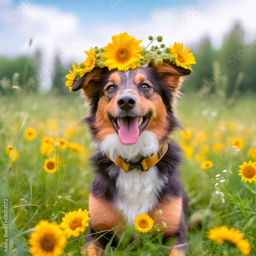 Nice dog among flowers in a spring field. AI Generative