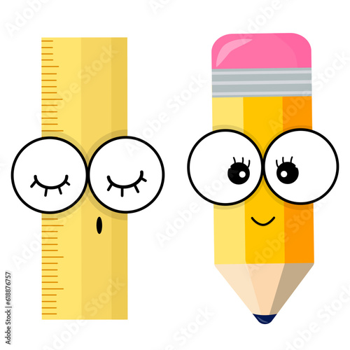 Ruler and pencil are cute characters. Back to school. Flat illustration of school mascots items on isolated background.