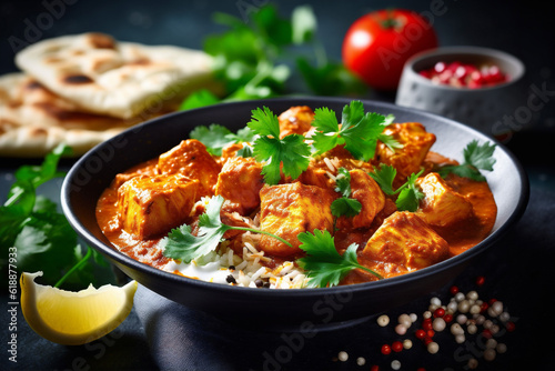 dark sauce chicken rice dinner indian traditional hot background masala asian. Generative AI.