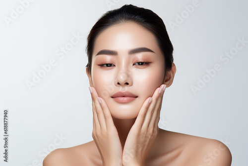 An asian woman doing a routine skin care white background
