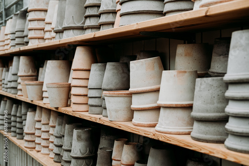 A variety of empty decorative ceramic flower pots in different sizes and shapes for sale on the shelves at the garden center photo
