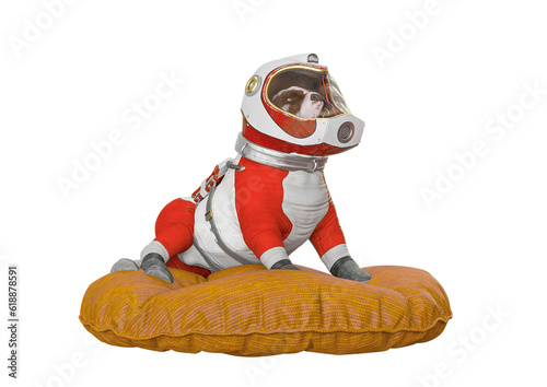 bulldog astronaut is looking up on cushion