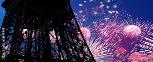 Celebratory colorful fireworks over the Eiffel Tower in Paris, France photo