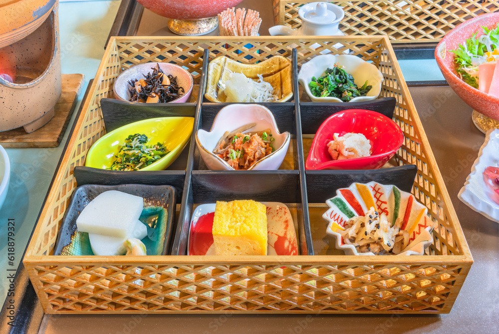Japanese vegetables with from left top hijiki, daikon oroshi and