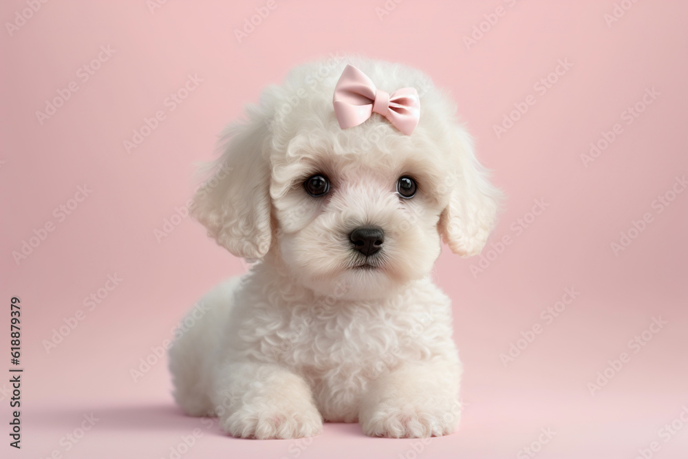 A white poodle puppy lying on a pink background with a bow tied on his head. Generative Ai.