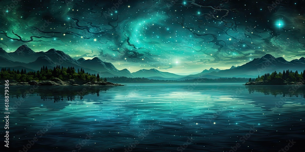 Green glowing lake with stars, blue water and aurora