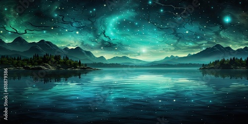 Green glowing lake with stars  blue water and aurora