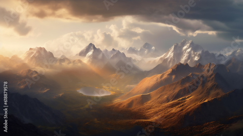 Beautiful mountain landscape with rugged and majestic mountain peaks and valleys. Generative ai. © Modern Artizen