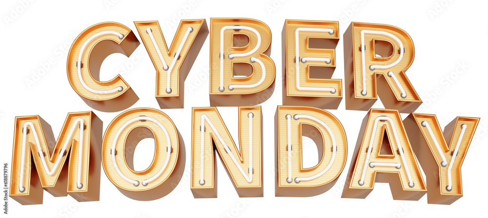 Golden 3d text with glowing neon tube. typography. 3D illustration. CYBER MONDAY.