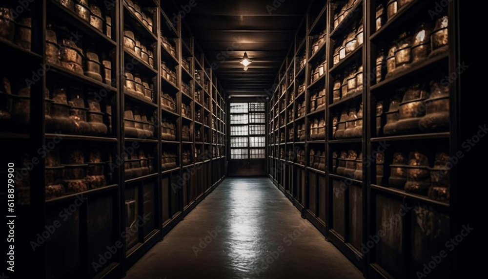 Ancient book collection in old cellar shelves generated by AI