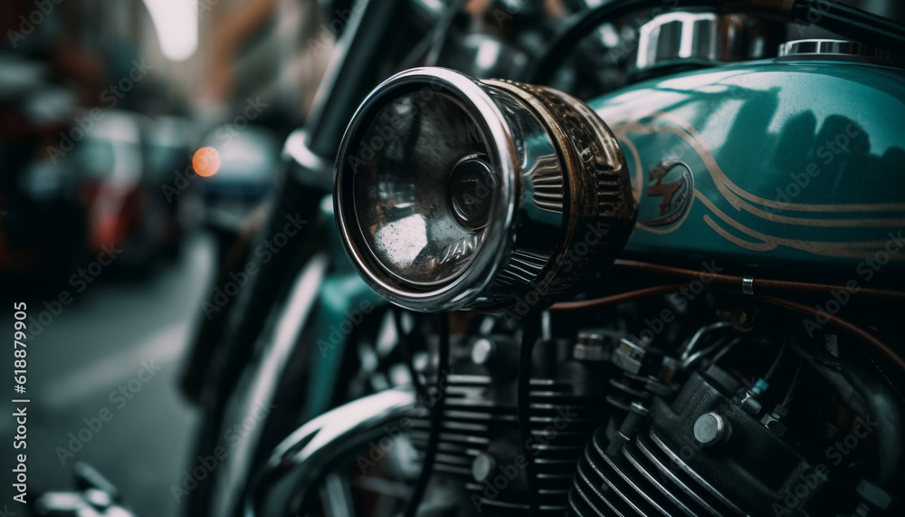 Fototapeta premium Shiny chrome motorcycle headlight reflects elegant speed generated by AI