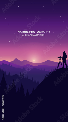 Vertical landscape silhouette illustration of a photographer shooting a sunset in the mountains. Nature illustration for poster with text. Poster design for photographers, travelers, bloggers.