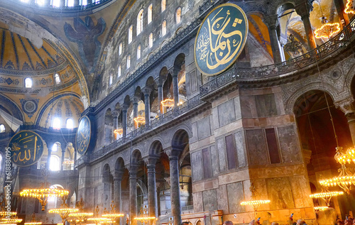 Chandeliers and Corinthian coluimns of the interior of  Hagia Sophia