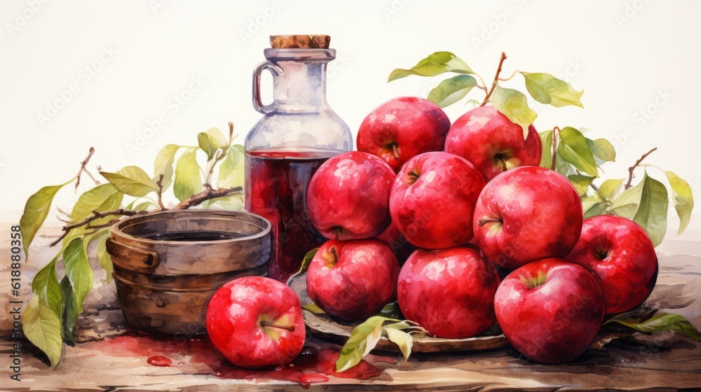 Red apples and fruits Tincture bottle, apples and fruits on table on white background. illustration for banner,poster, site, web. illustration AI generated. Red apples and fruits Tincture bottle, apples and fruits on table on white background. illustration for banner,poster, site, web. illustration AI generated.