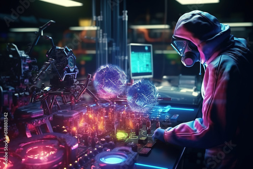 Lab employee in a protective suit stands in a modern technological laboratory. Laboratory is equipped with futuristic holographic screens, creating sci-fi atmosphere. Generative Ai.