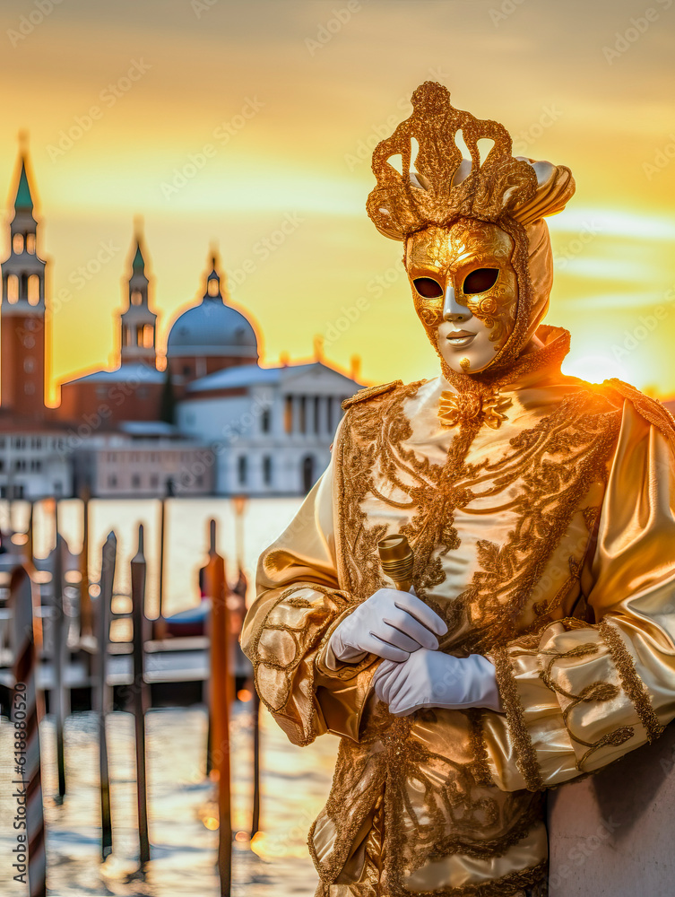 Obraz premium Carnevale elaborate masks and imaginative costumes at the Venice Carnival, Italy, Generative AI