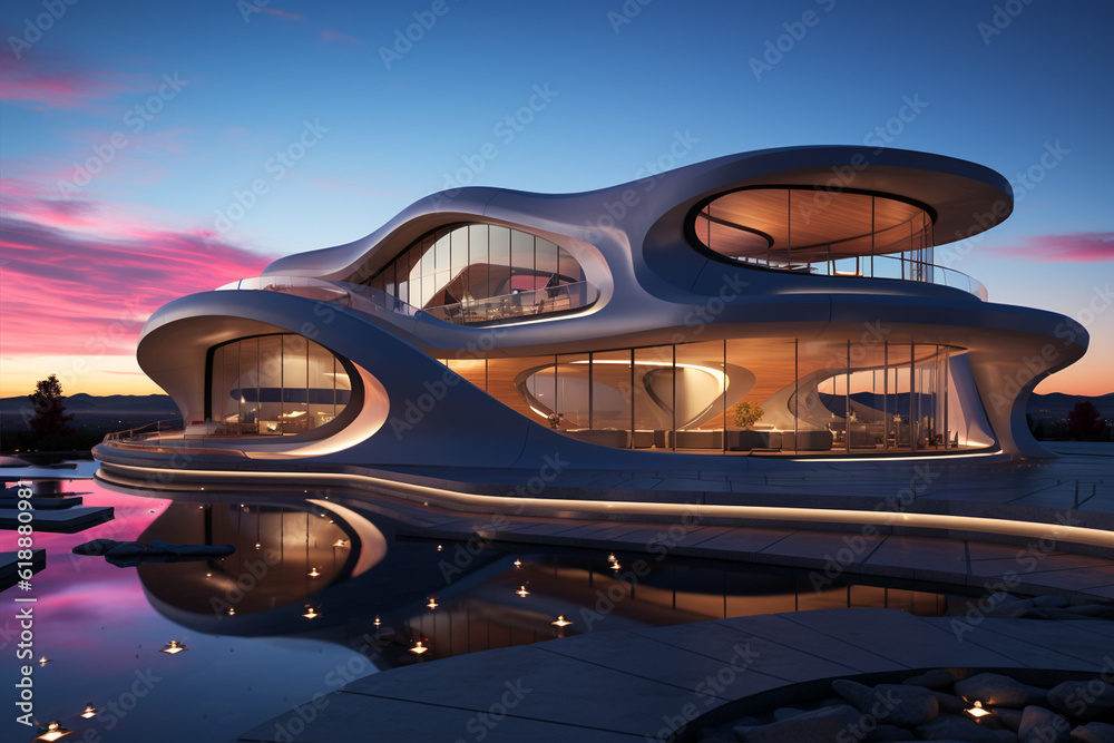 Obraz premium Modern building structure at sunset