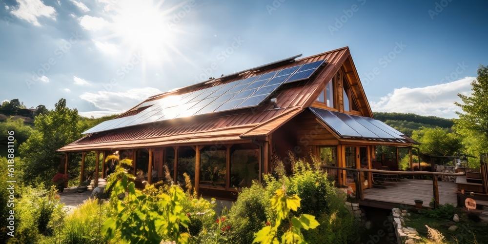 Solar panels on the roof. View of solar panels on the roof house with sunlight. Eco-friendly energy concept. 