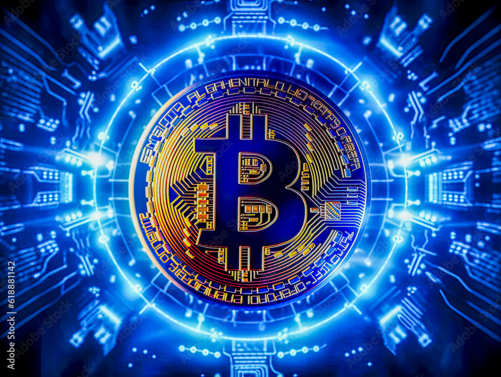 Bitcoin virtual currency on a glowing processor, up and down Bitcoin trading price, BTC, Generative AI Bitcoin virtual currency on a glowing processor, up and down Bitcoin trading price, BTC, Generative AI