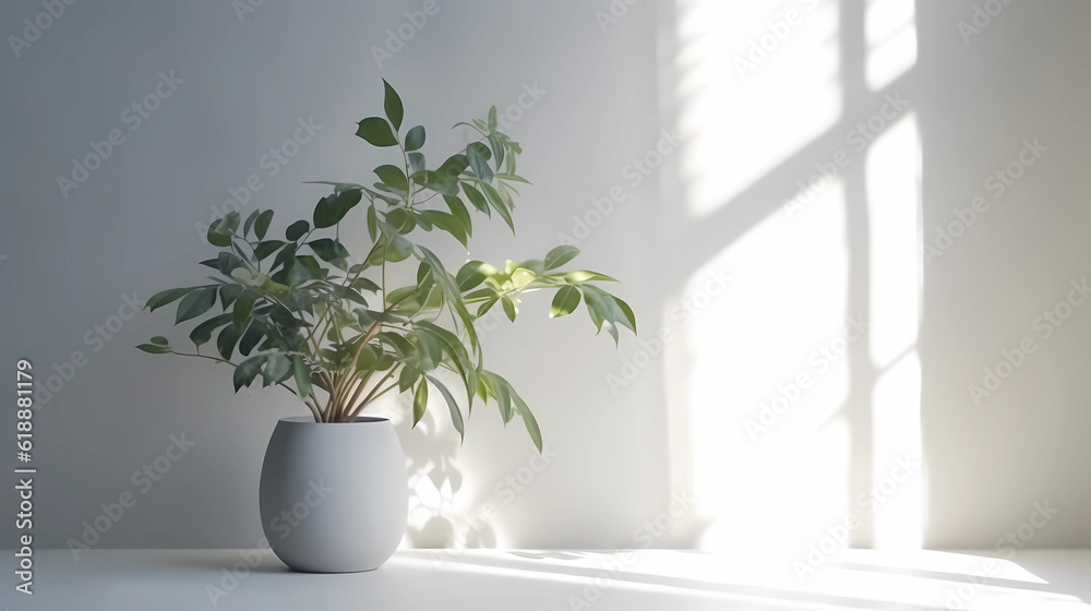 Minimalist light background with green foliage. copy space. 