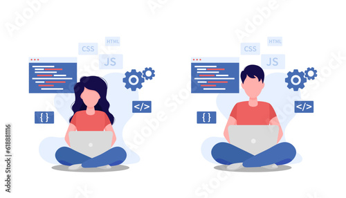 Software developers man and woman. Programming languages. Isolated on white background.