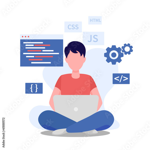 Software developer man. Programming languages. Isolated on white background.