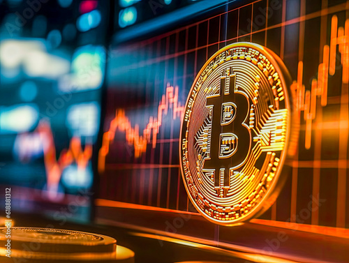 Virtual Currency Bitcoin, Bitcoin trading price going uo, BTC,  chart up arrow for cryptocurrency market news, Generative AI photo