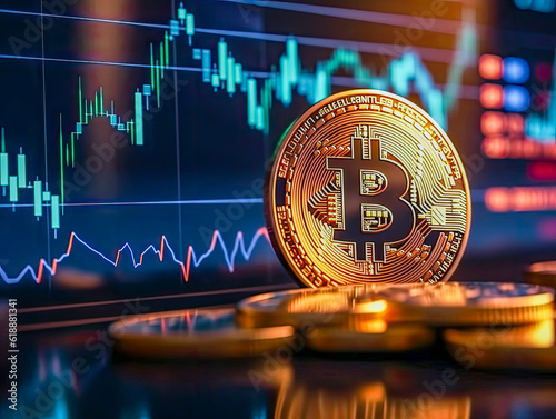 Virtual Currency Bitcoin, Bitcoin trading price going uo, BTC,  chart up arrow for cryptocurrency market news, Generative AI