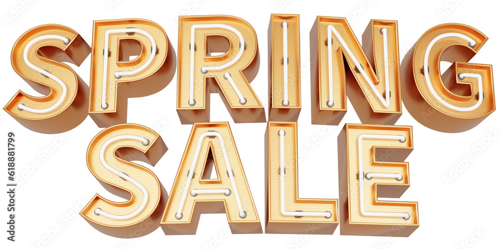 Golden 3d text with glowing neon tube. typography. 3D illustration. SPRING SALE. Golden 3d text with glowing neon tube. typography. 3D illustration. SPRING SALE.