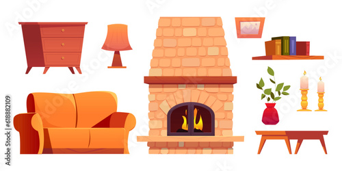 Set Furniture in Living Room. Home Interior. Couch, Fireplace, Bookshelf, Table Lamp, Picture in a Frame, Vase, Coffee Table and Candles. Cute Vector Illustration in Cartoon Style. photo