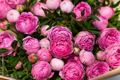 Fototapeta Naklejka Na Ścianę i Meble -  Beautiful bouquet of pink peony roses and eucalyptus leaves. Full frame.