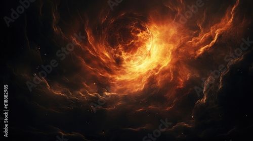 abstract illustration of solar storm. The sun is depicted with explosive solar flares, emitting powerful bursts of energy and illuminating the surrounding space with intense brightness.