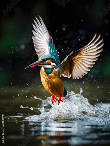 Flying kingfisher fishing in clear water, Generative AI © pwmotion